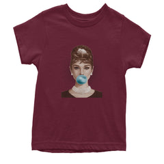 Audrey Hepburn Chewing Bubble Gum American Icon Youth T-shirt Maroon