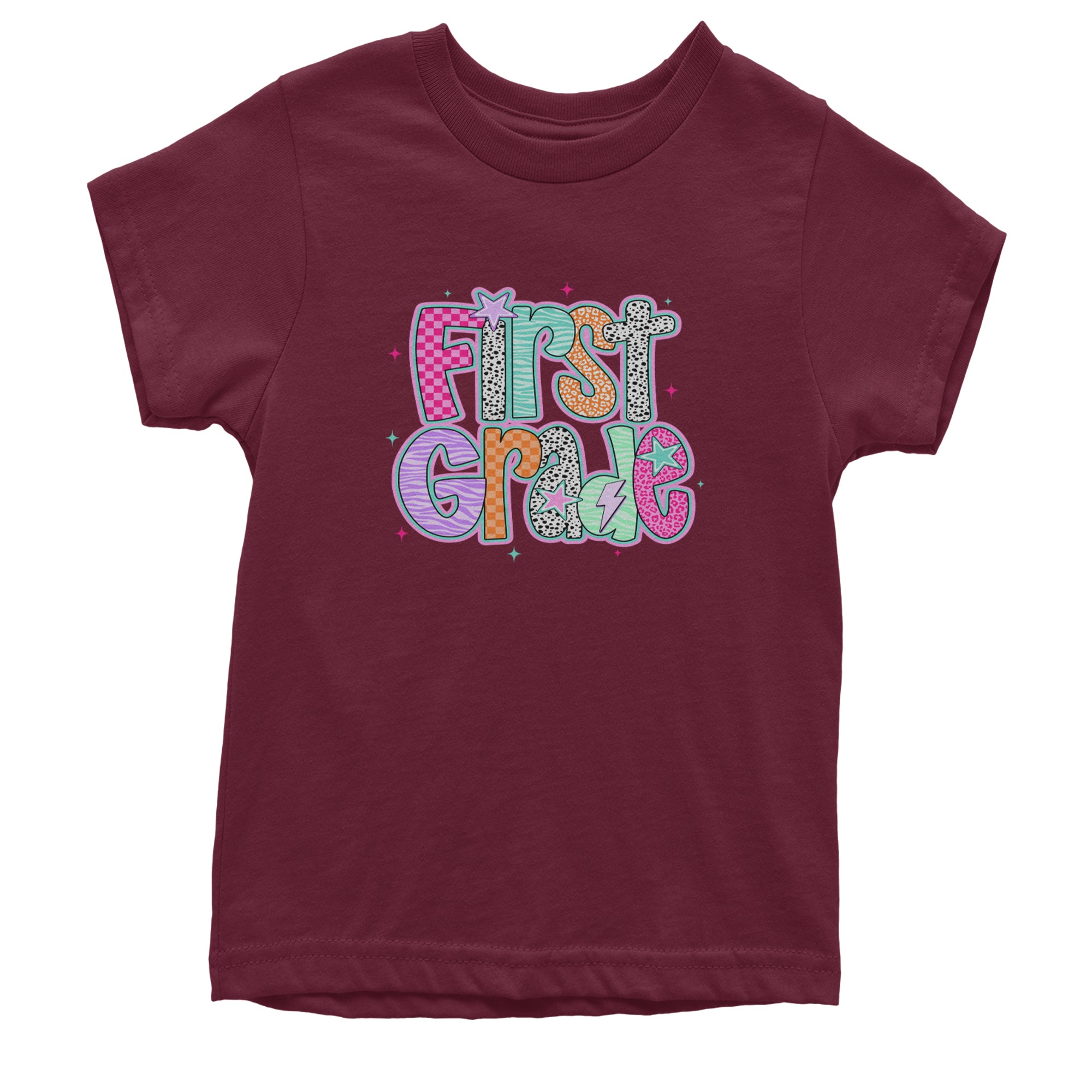 First Grade Vibes Colorful Back to School Youth T-shirt Maroon