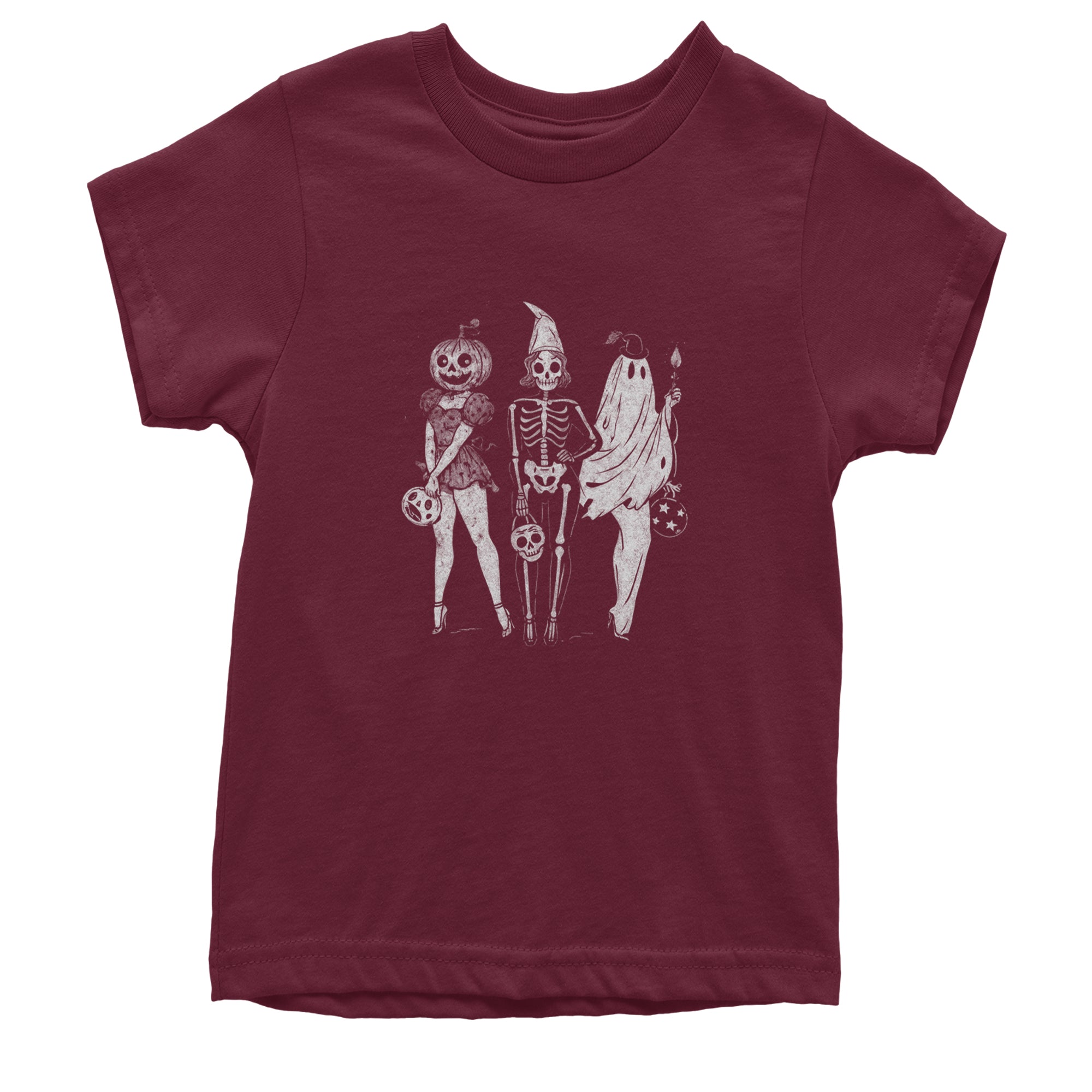 Vintage Spooky Squad Pinup Halloween Design Youth T-shirt Maroon