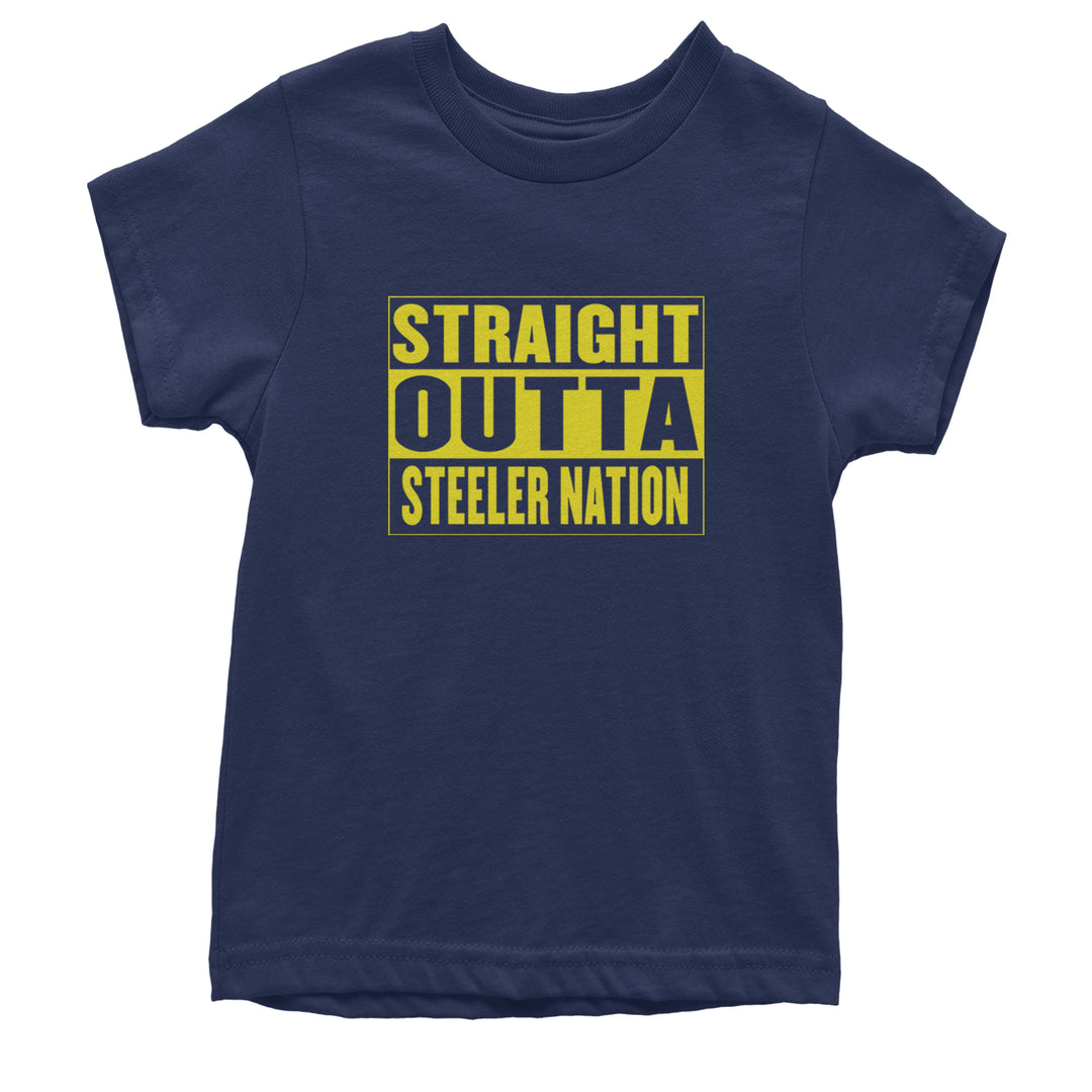 Straight Outta Steeler Nation Football graphic on Kids' Heavyweight Cotton T-Shirt in Navy Blue
