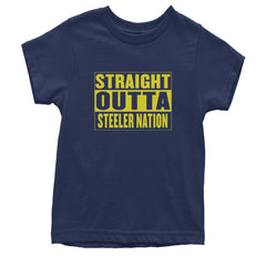 Straight Outta Steeler Nation Football graphic on Kids' Heavyweight Cotton T-Shirt in Navy Blue