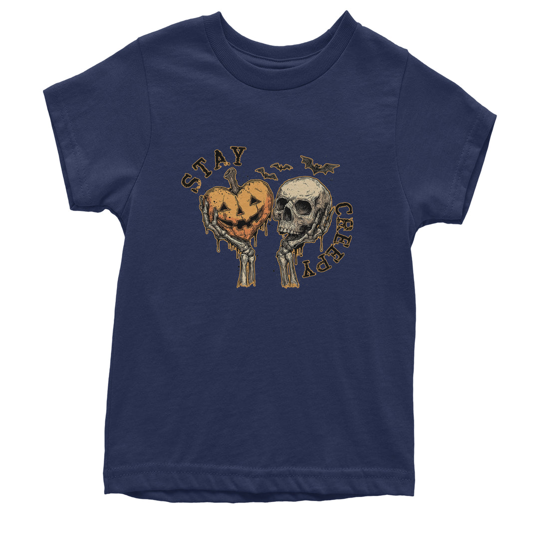 Stay Creepy Skull and Pumpkin Halloween Youth T-shirt Navy Blue