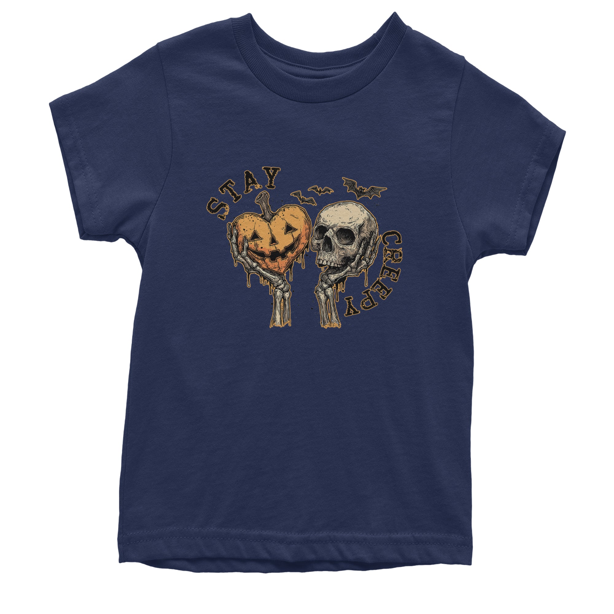 Stay Creepy Skull and Pumpkin Halloween Youth T-shirt Navy Blue