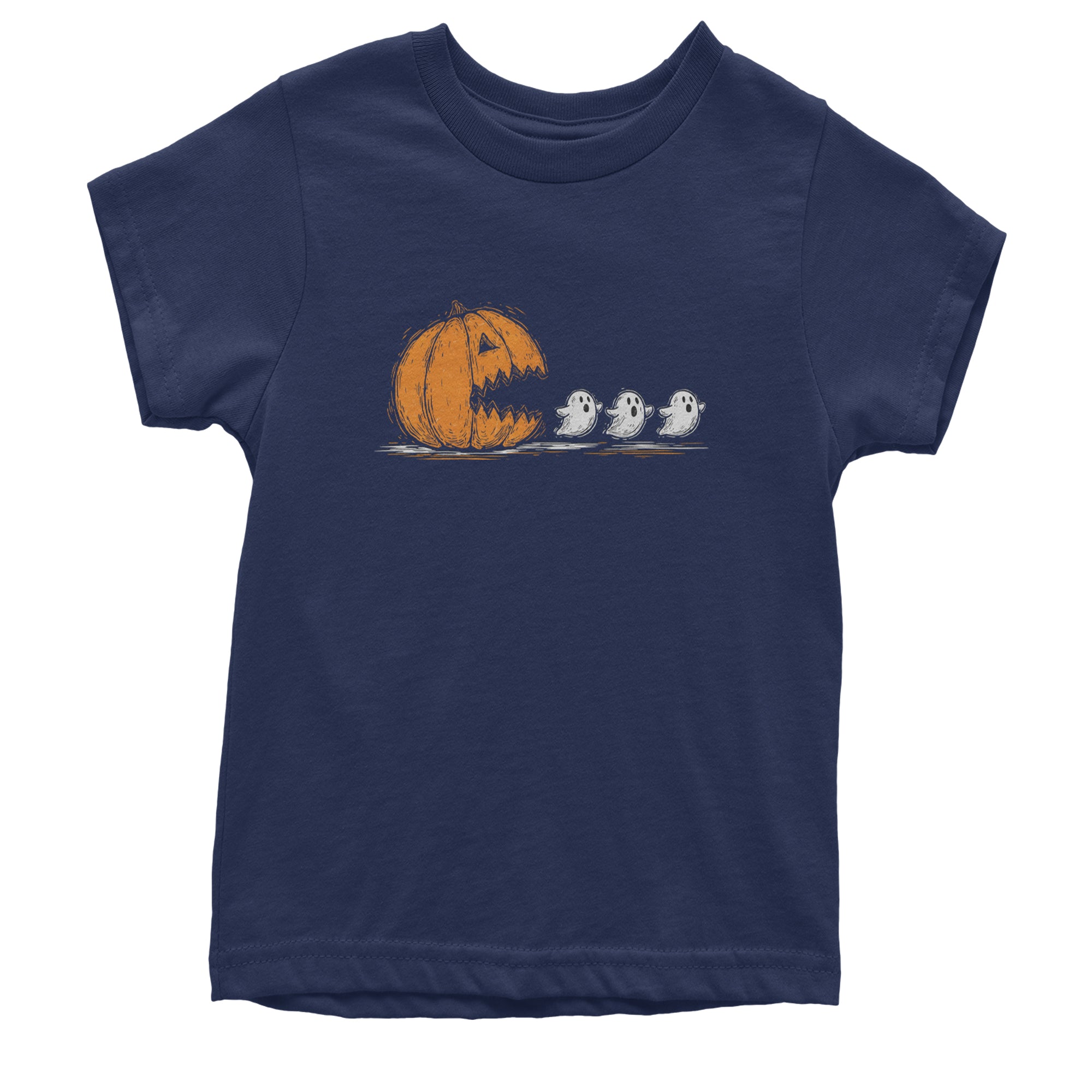 Pumpkin Pacman Chasing Ghosts Halloween Youth T-shirt Navy Blue