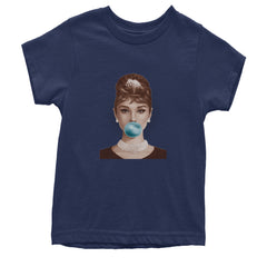 Audrey Hepburn Chewing Bubble Gum American Icon Youth T-shirt Navy Blue