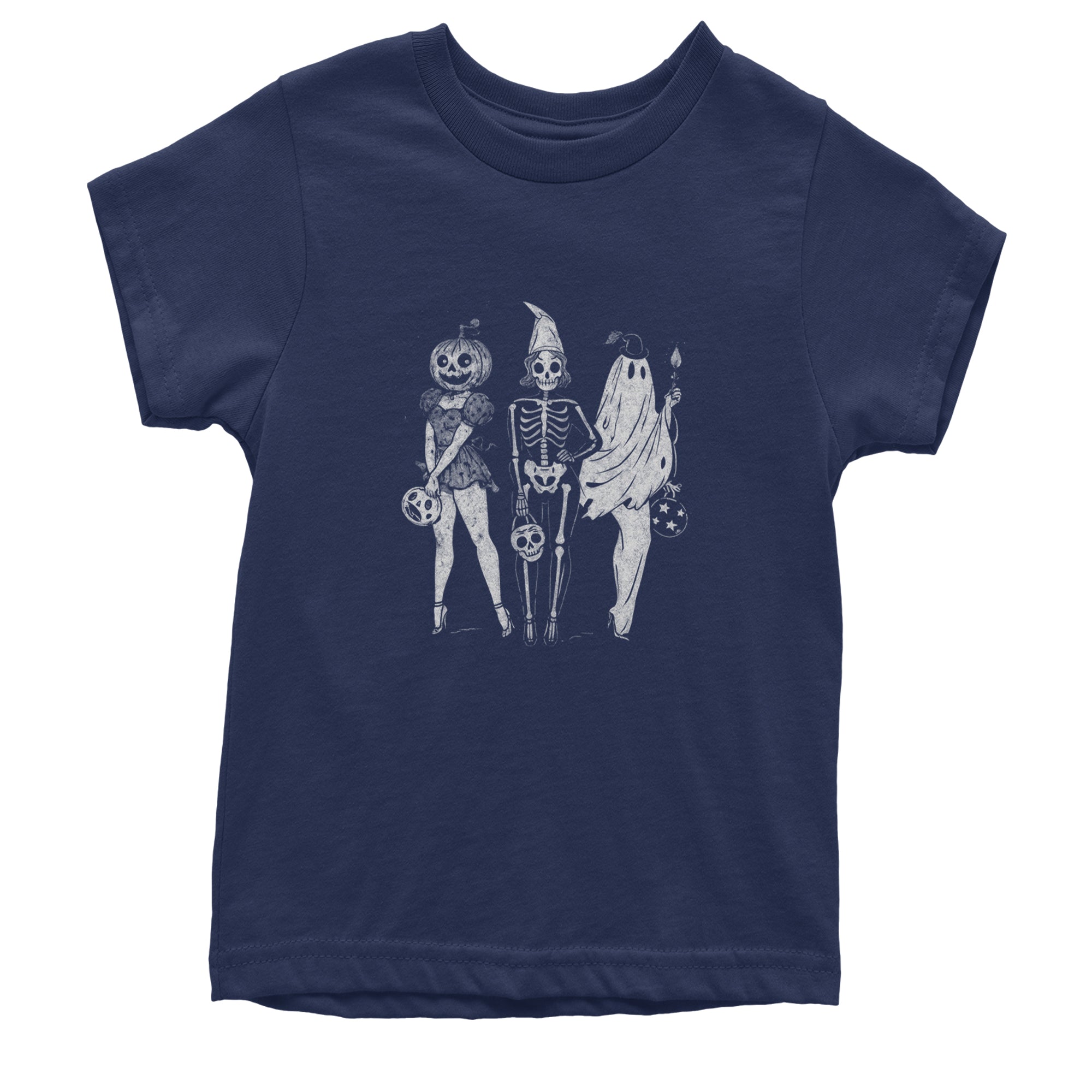 Vintage Spooky Squad Pinup Halloween Design Youth T-shirt Navy Blue