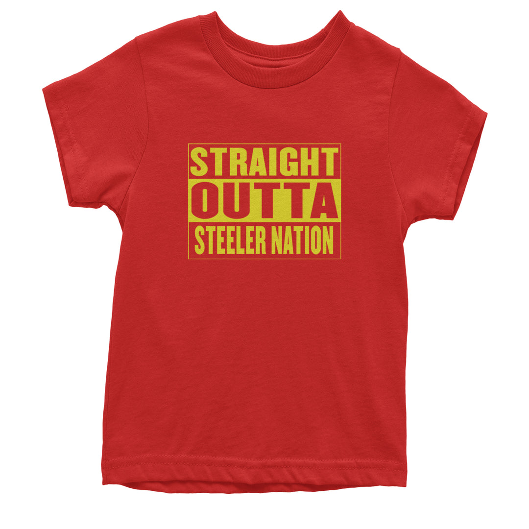 Straight Outta Steeler Nation Football graphic on Kids' Heavyweight Cotton T-Shirt in Red