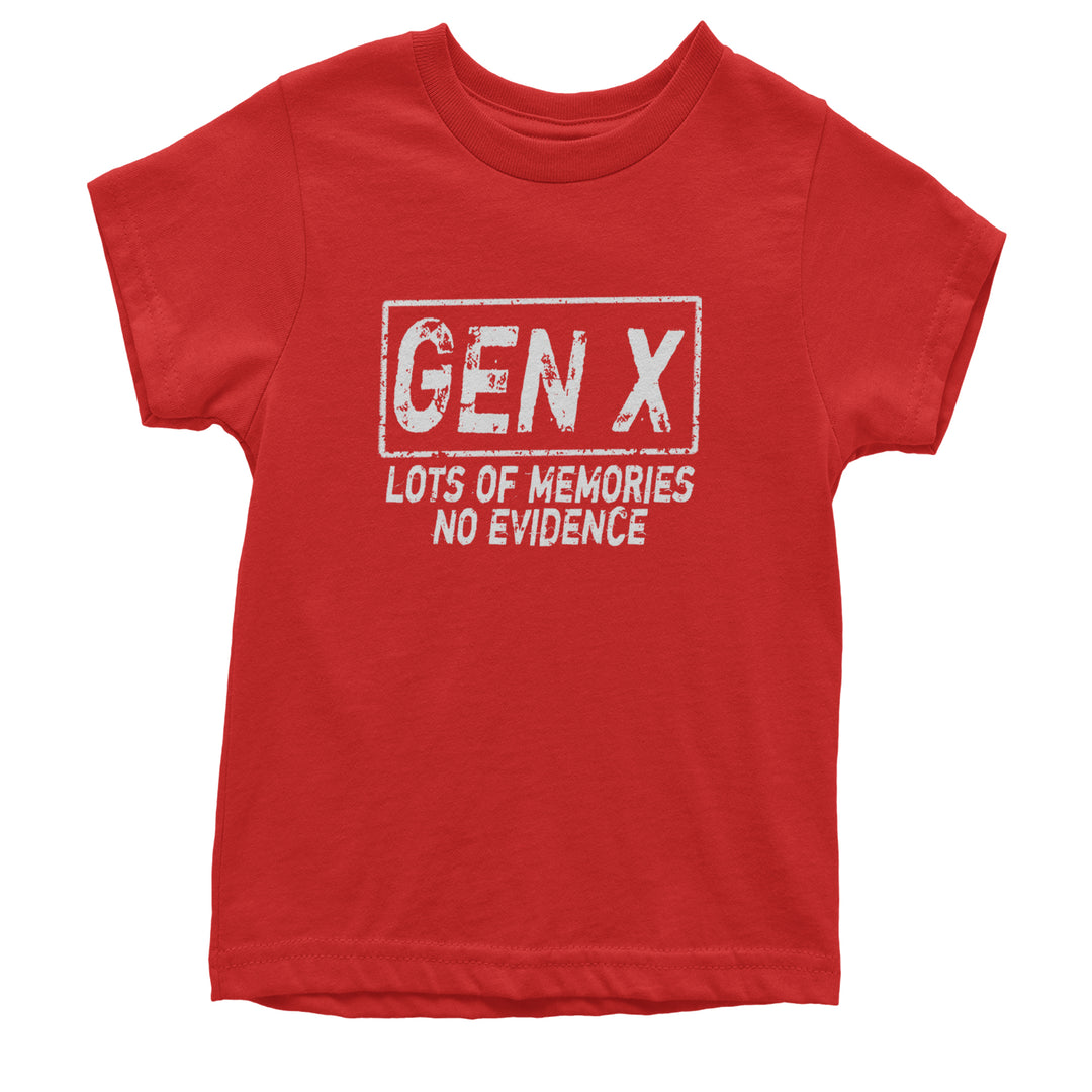 Gen X Lots of Memories No Evidence Nostalgia graphic on Kids' Heavyweight Cotton T-Shirt in Red