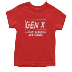 Gen X Lots of Memories No Evidence Nostalgia graphic on Kids' Heavyweight Cotton T-Shirt in Red