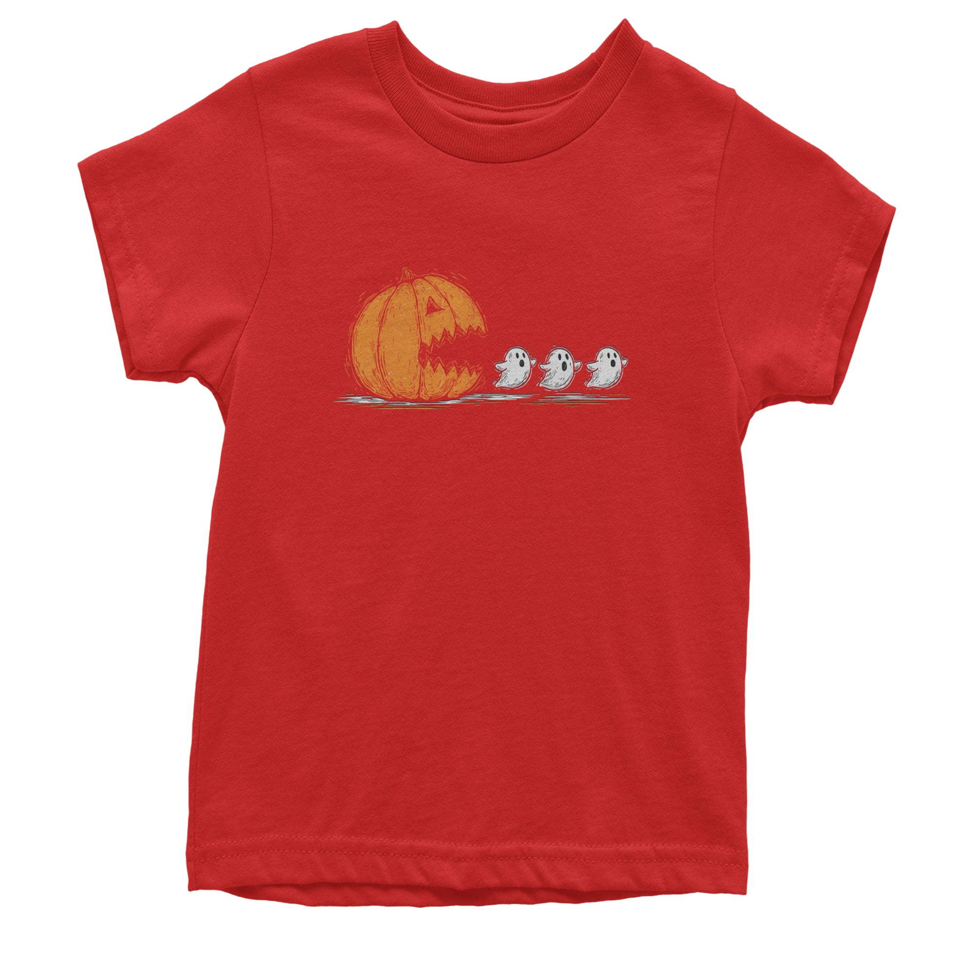 Pumpkin Pacman Chasing Ghosts Halloween Youth T-shirt Red