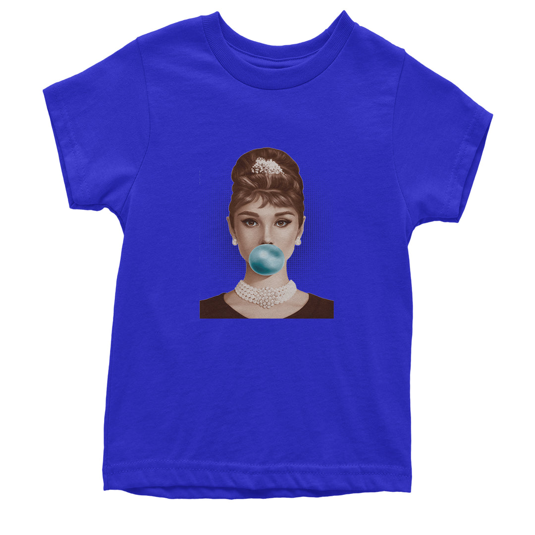 Audrey Hepburn Chewing Bubble Gum American Icon Youth T-shirt Royal Blue