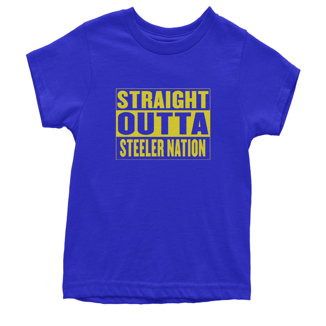 Straight Outta Steeler Nation Football graphic on Kids' Heavyweight Cotton T-Shirt in Royal Blue