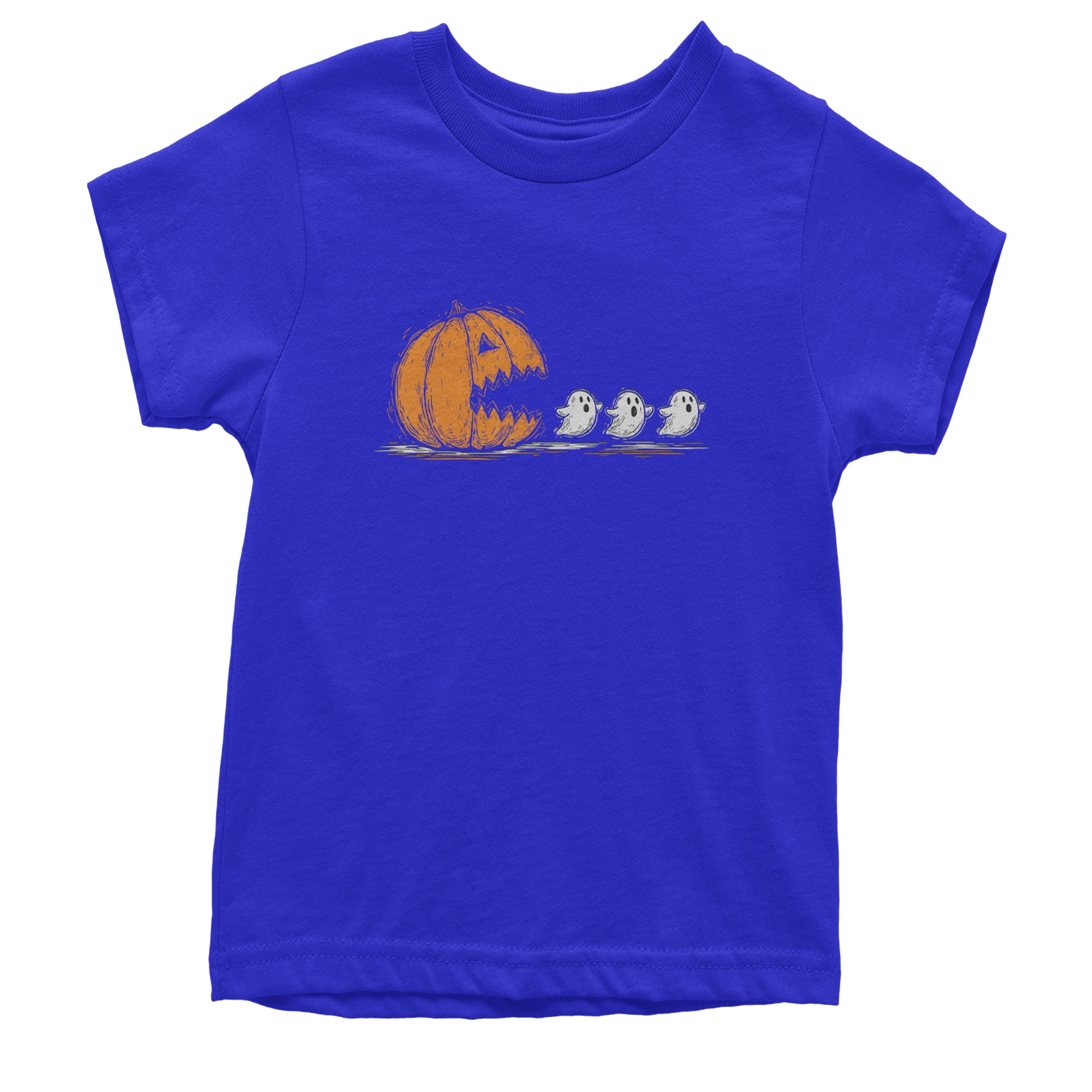 Pumpkin Pacman Chasing Ghosts Halloween Youth T-shirt Royal Blue