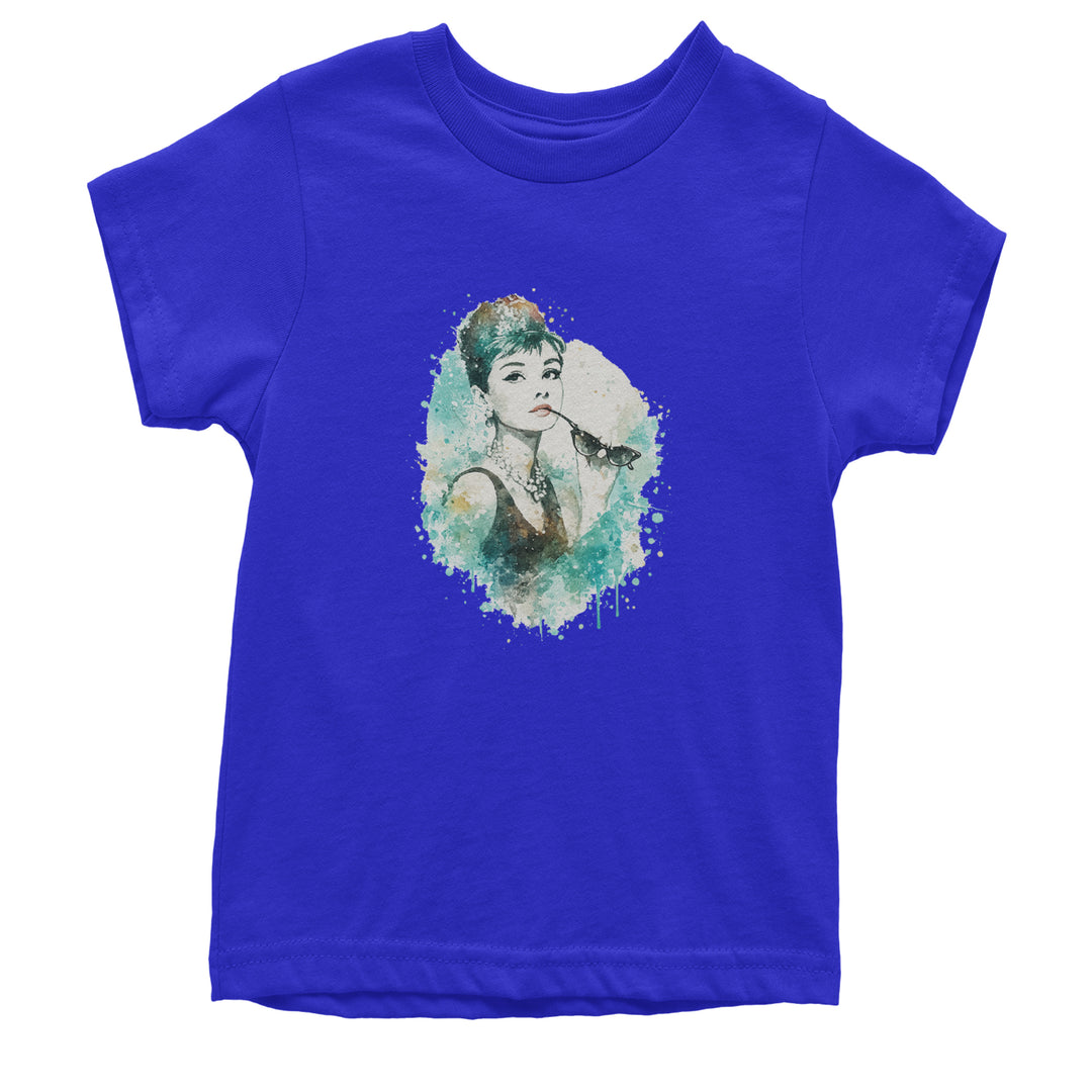 Mrs. Herpburn Iconic Watercolors Youth T-shirt Royal Blue