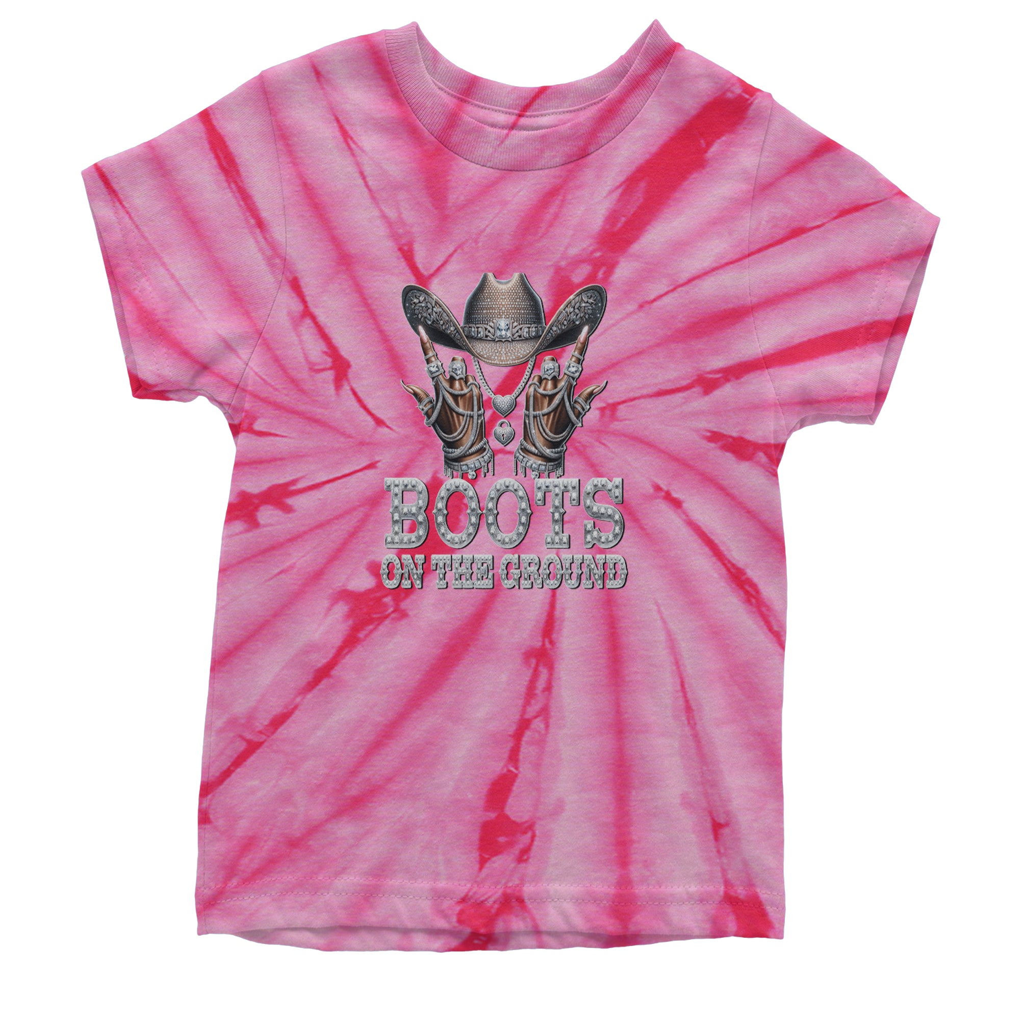 Boots On The Ground Bling Youth T-shirt Tie-Dye Spider Pink