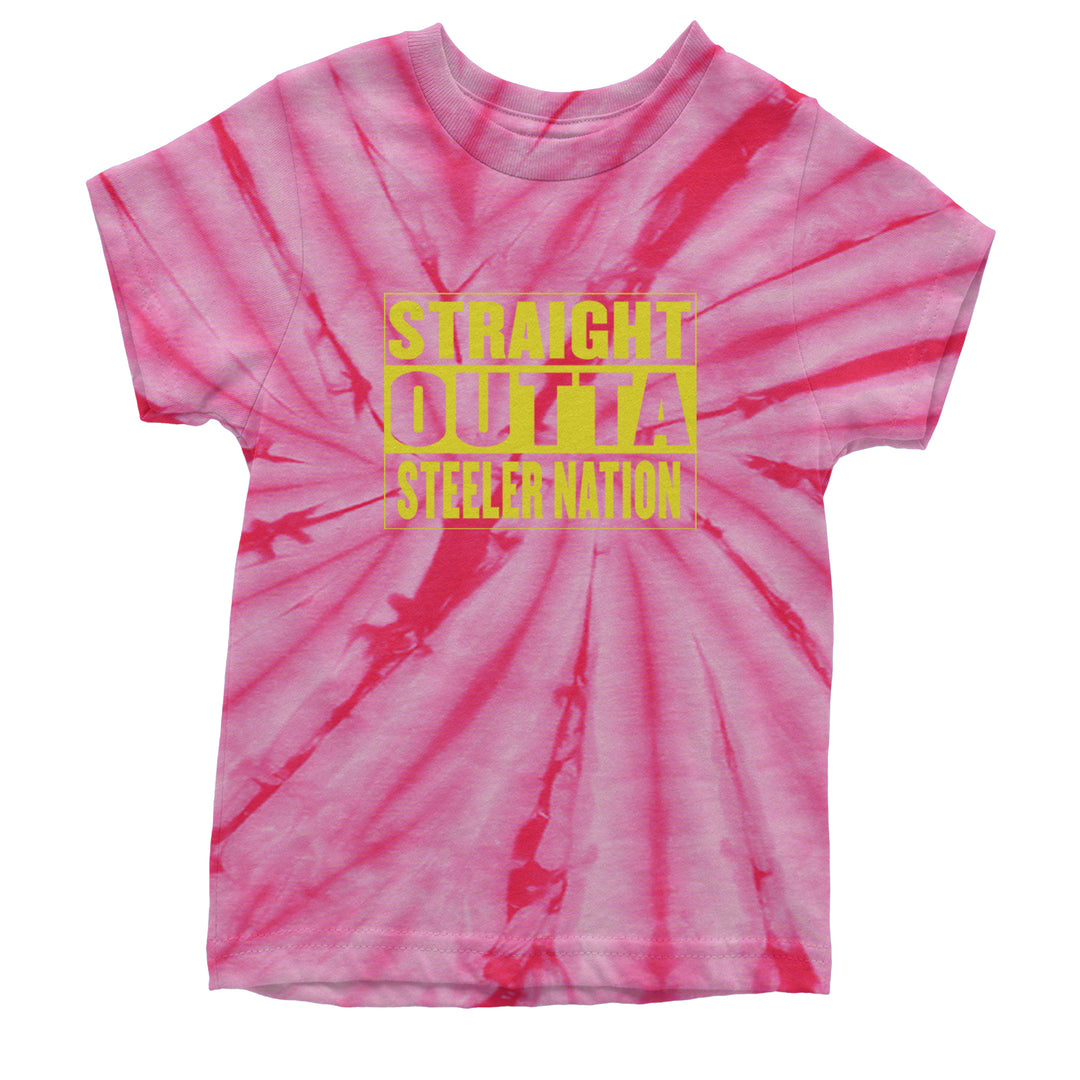 Straight Outta Steeler Nation Football graphic on Kids' Heavyweight Cotton T-Shirt in Tie-Dye Spider Pink