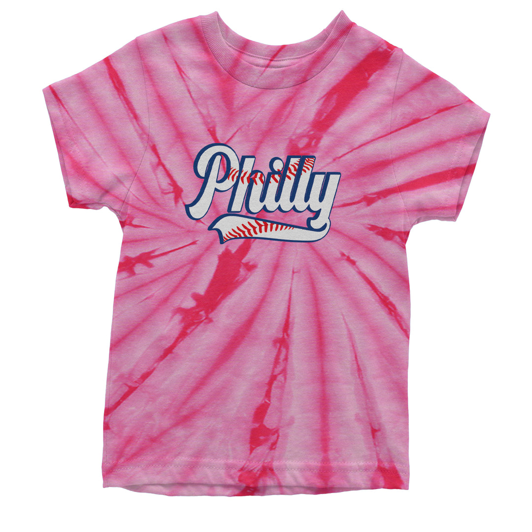 Philly Baseball Stitching graphic on Kids' Heavyweight Cotton T-Shirt in Tie-Dye Spider Pink