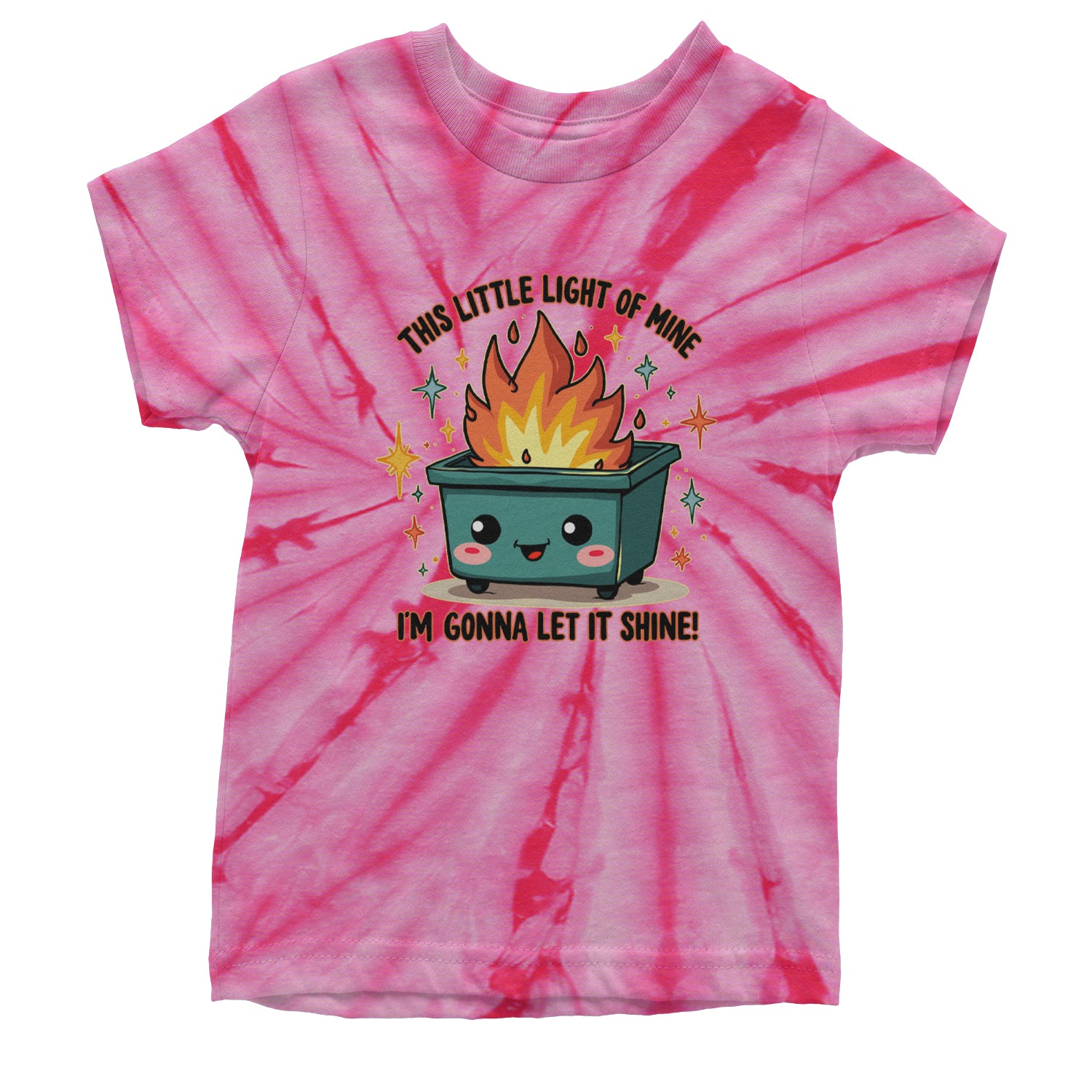 This Little Light of Mine Dumpster Fire Smile Face Youth T-shirt Tie-Dye Spider Pink