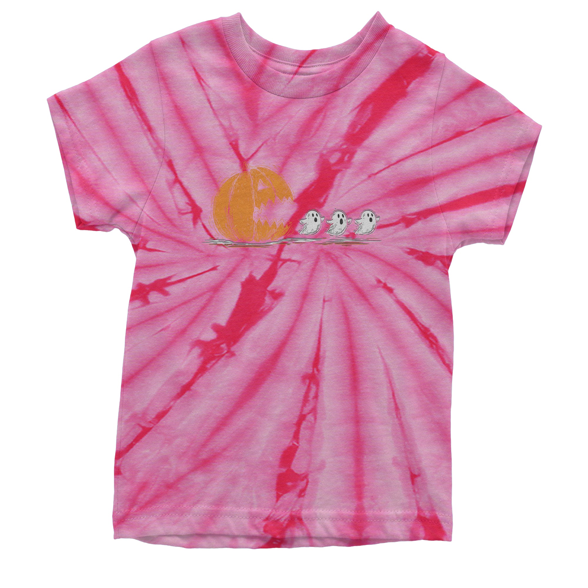 Pumpkin Pacman Chasing Ghosts Halloween Youth T-shirt Tie-Dye Spider Pink
