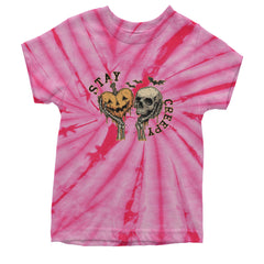 Stay Creepy Skull and Pumpkin Halloween Youth T-shirt Tie-Dye Spider Pink