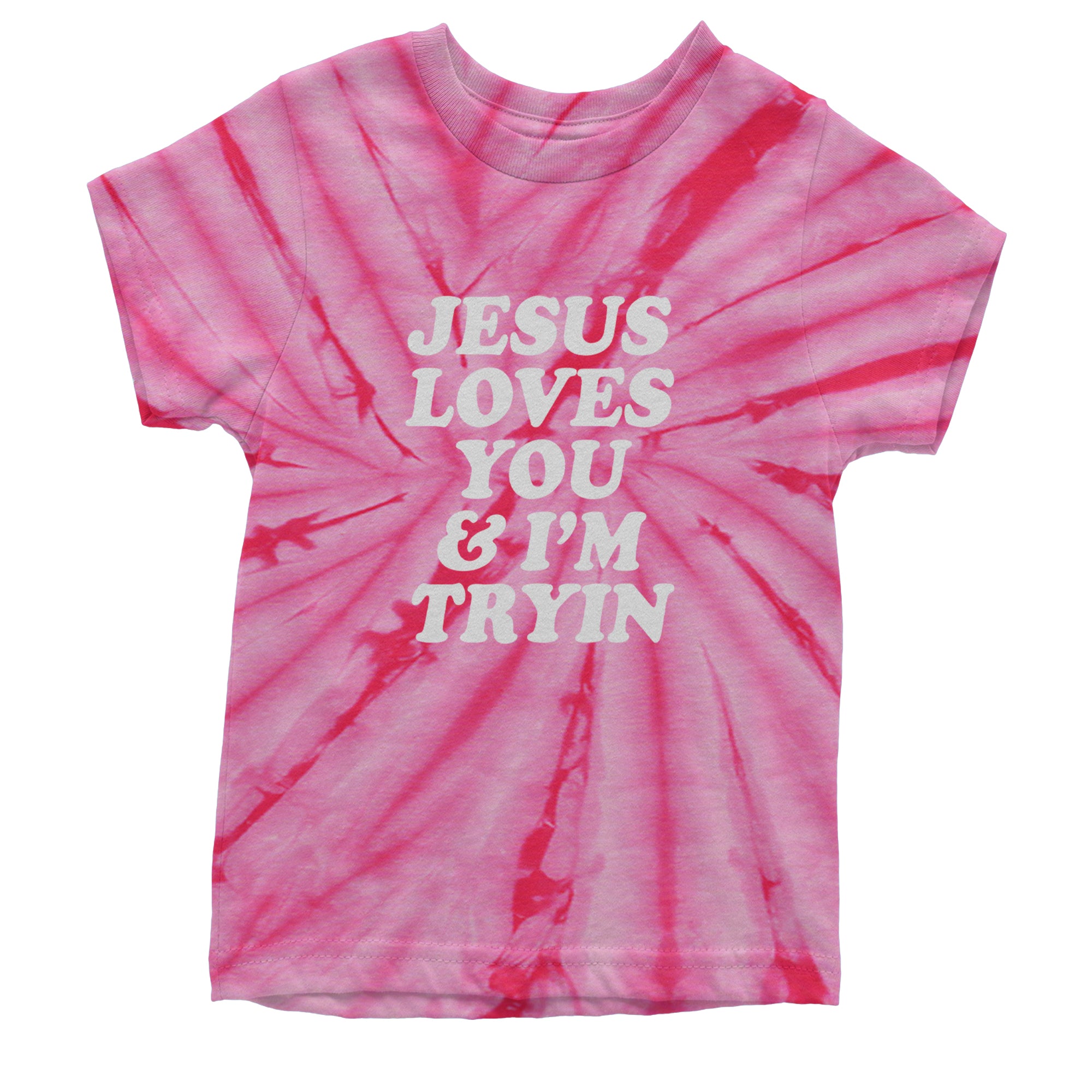 Jesus Loves You and I'm Trying Youth T-shirt Tie-Dye Spider Pink