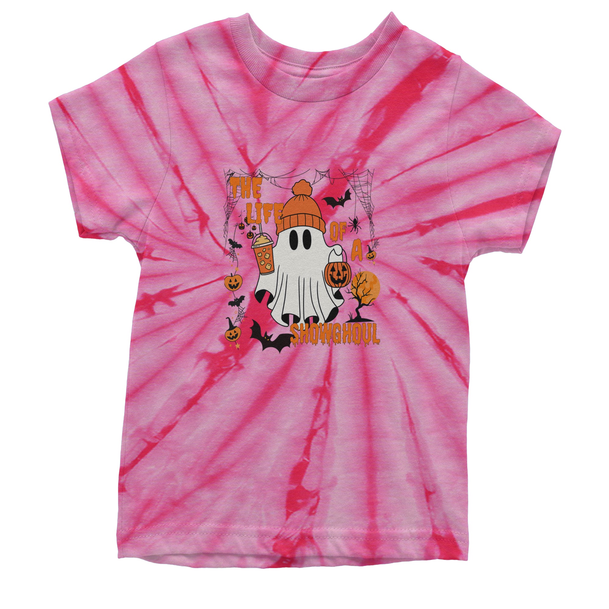 Life of a Showghoul Halloween Showgirl Vibes Youth T-shirt Tie-Dye Spider Pink
