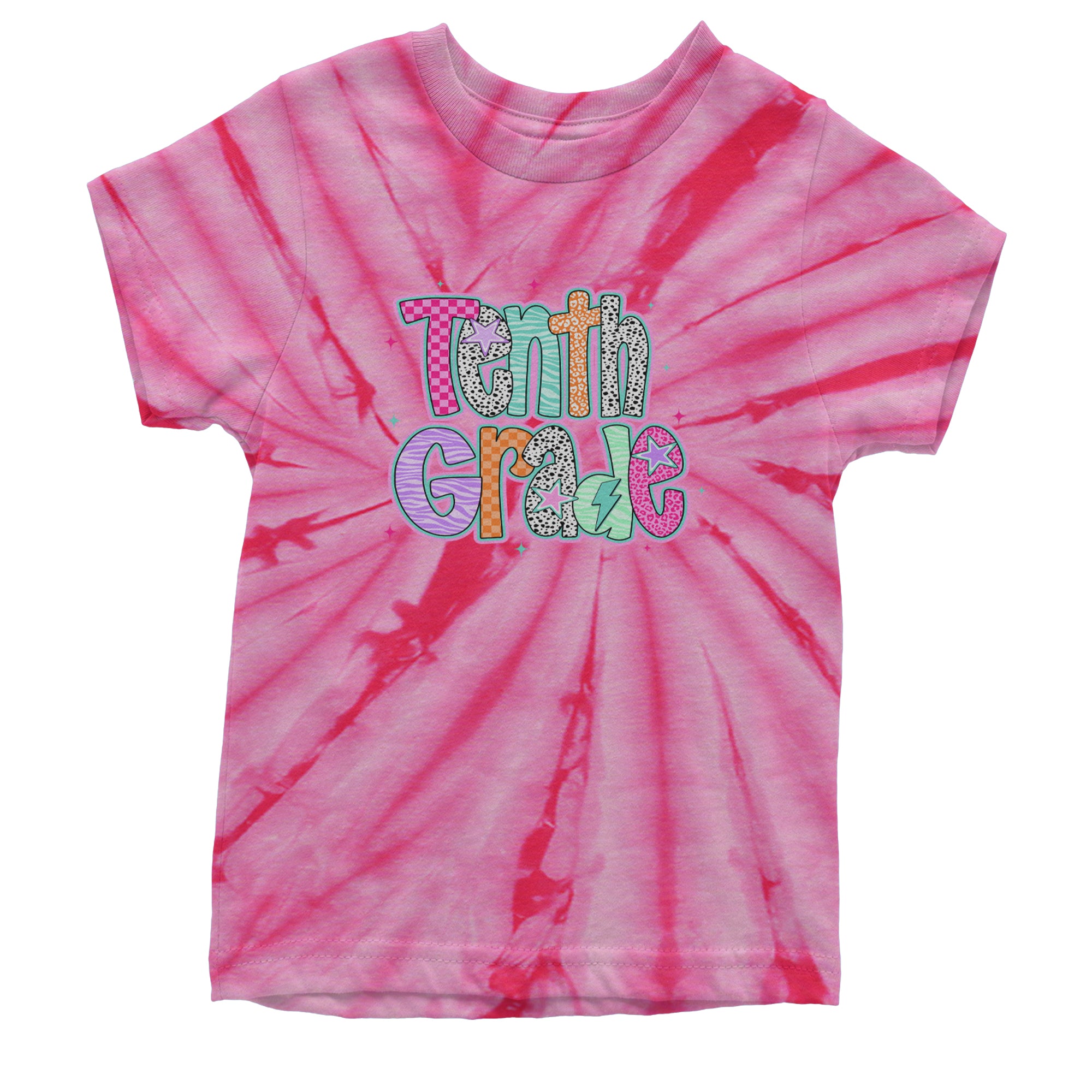 Tenth Grade Trendsetter Colorful Back to School Youth T-shirt Tie-Dye Spider Pink