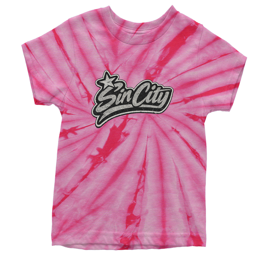 Sin City Vegas Retro Vintage Youth T-shirt Tie-Dye Spider Pink