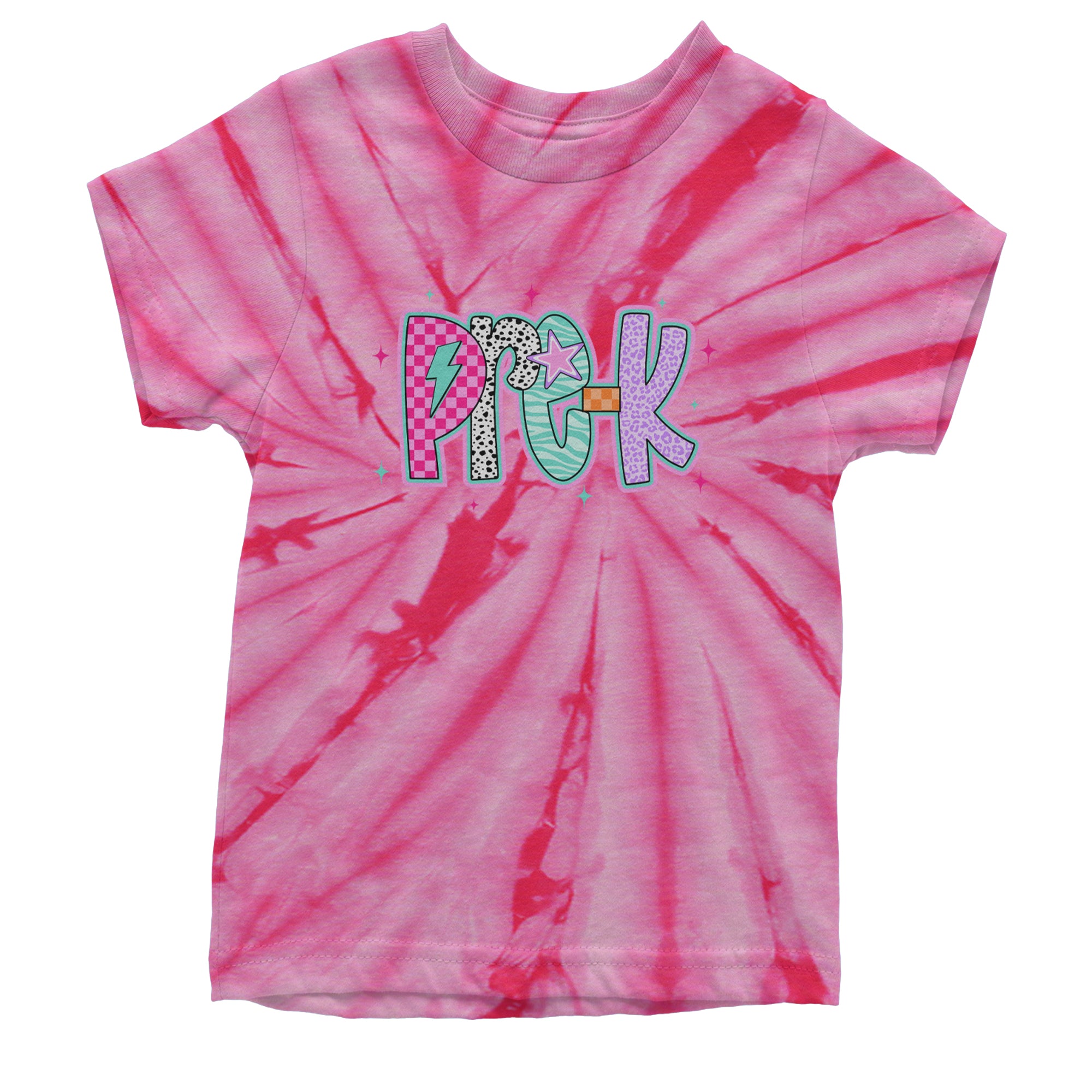 Pre-K Party Time Colorful Back to School Youth T-shirt Tie-Dye Spider Pink