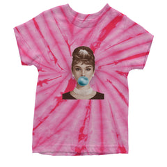 Audrey Hepburn Chewing Bubble Gum American Icon Youth T-shirt Tie-Dye Spider Pink