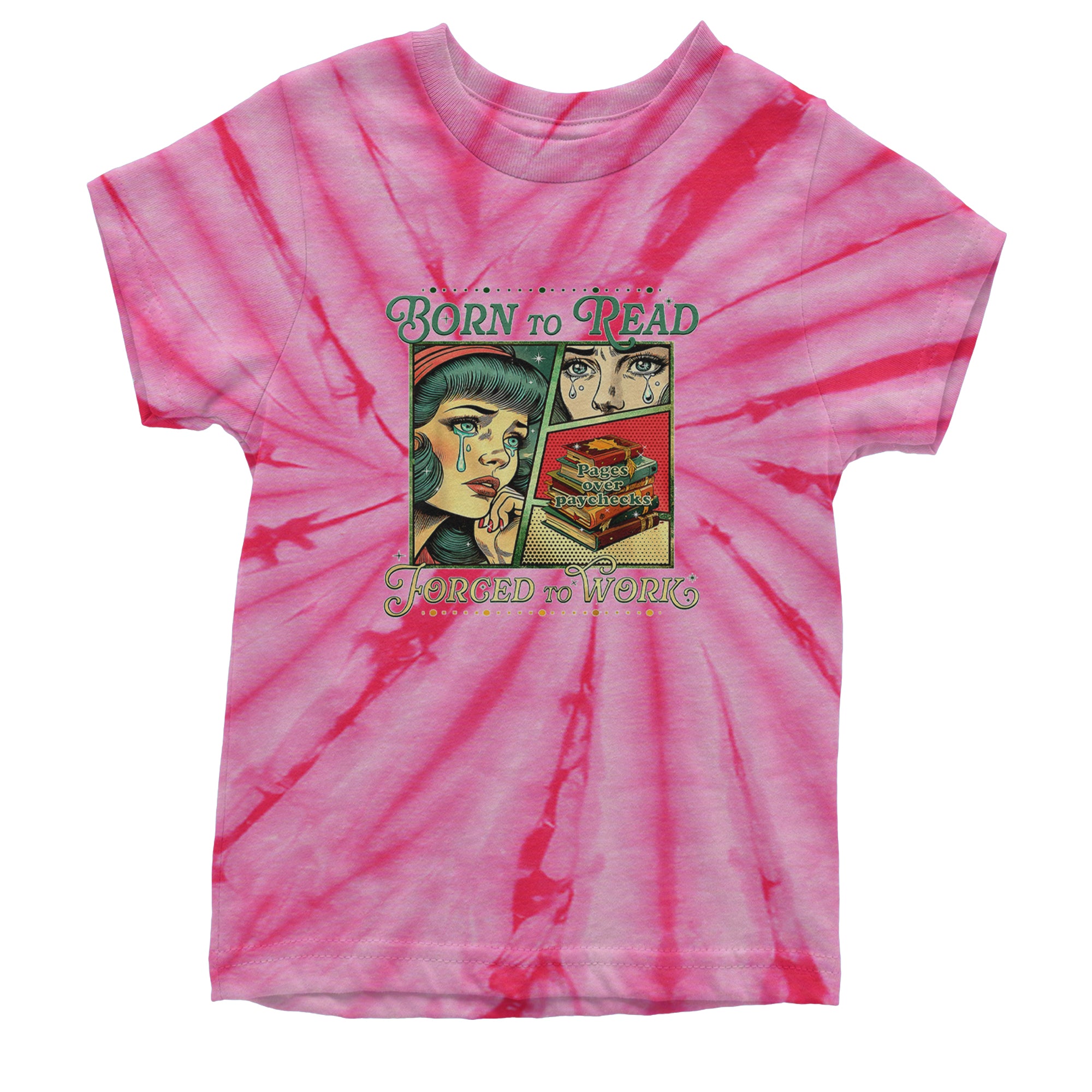 Born To Read, Forced To Work Youth T-shirt Tie-Dye Spider Pink