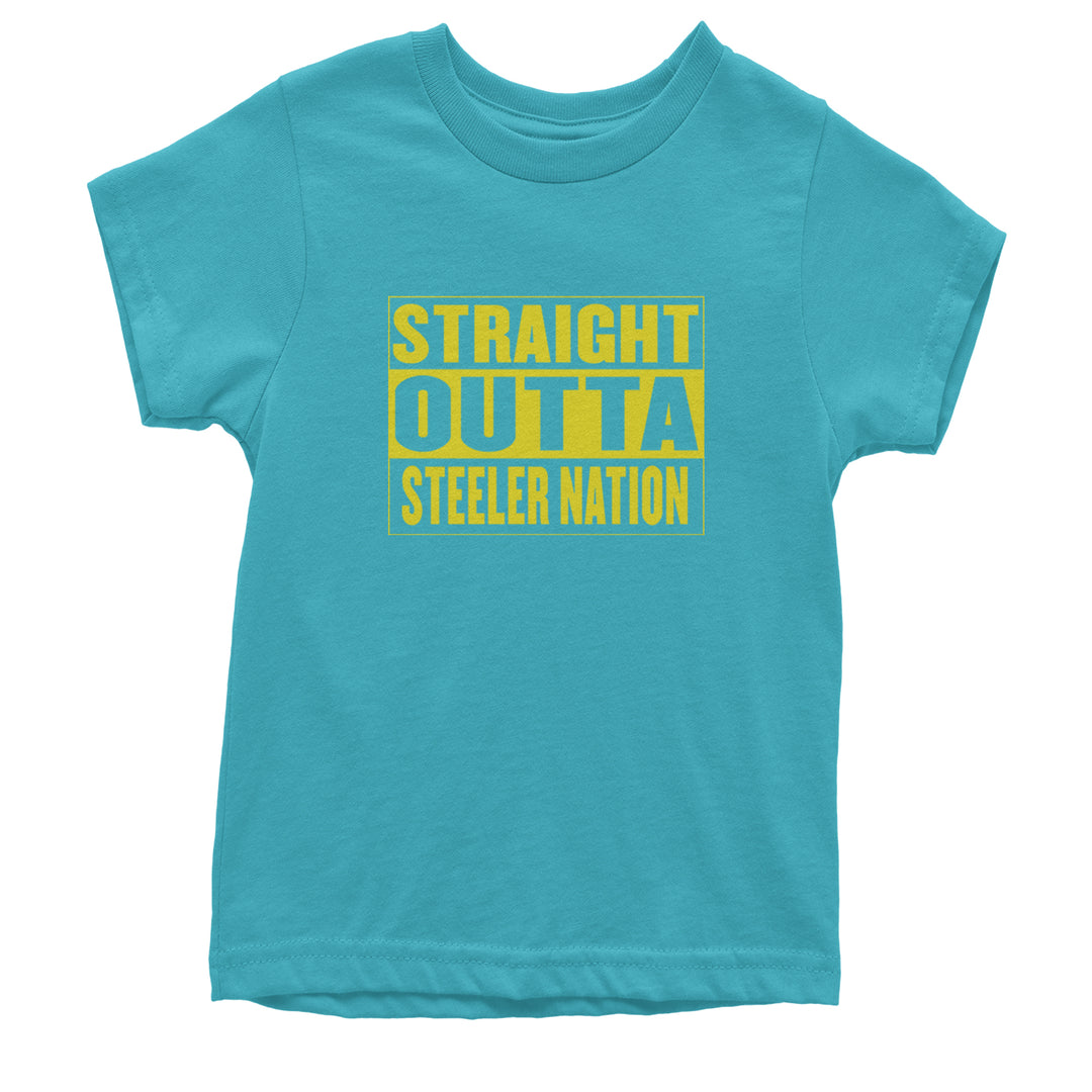 Straight Outta Steeler Nation Football graphic on Kids' Heavyweight Cotton T-Shirt in Teal