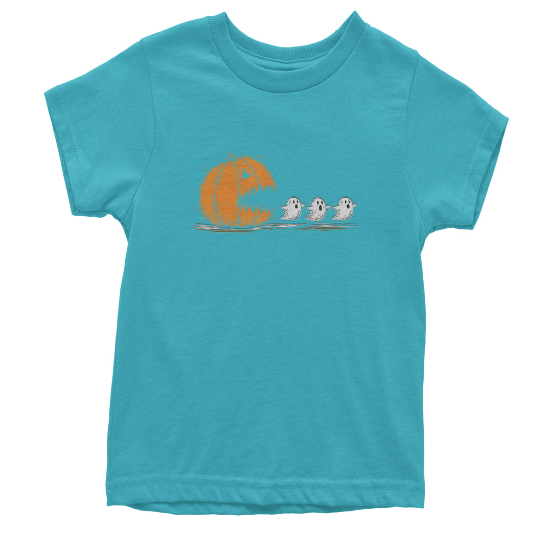 Pumpkin Pacman Chasing Ghosts Halloween Youth T-shirt Teal
