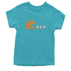 Pumpkin Pacman Chasing Ghosts Halloween Youth T-shirt Teal