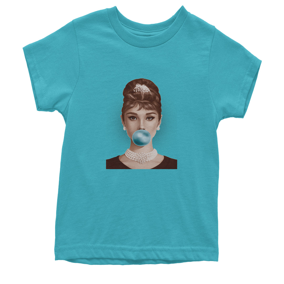 Audrey Hepburn Chewing Bubble Gum American Icon Youth T-shirt Teal