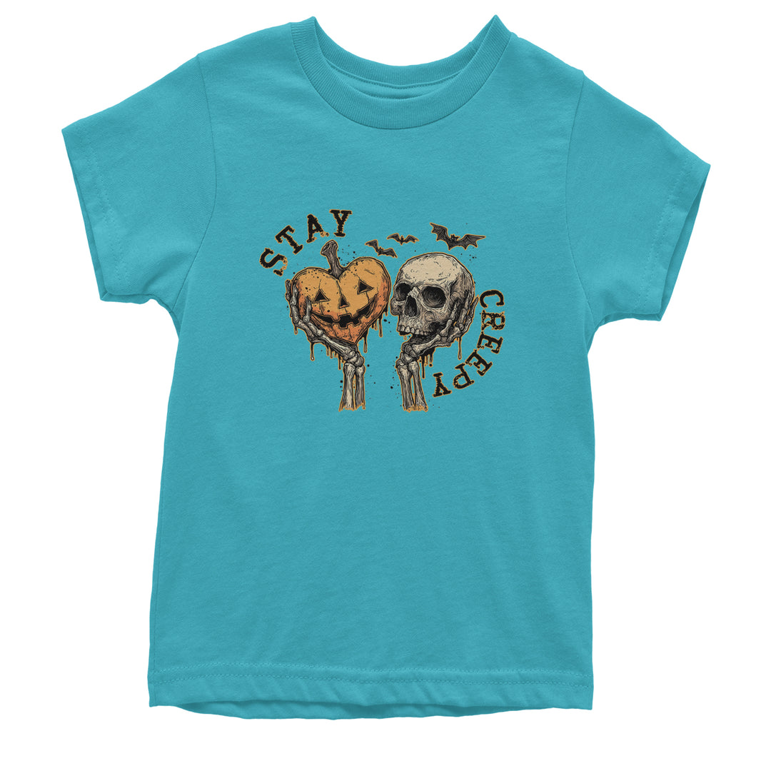 Stay Creepy Skull and Pumpkin Halloween Youth T-shirt Teal