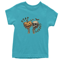 Stay Creepy Skull and Pumpkin Halloween Youth T-shirt Teal