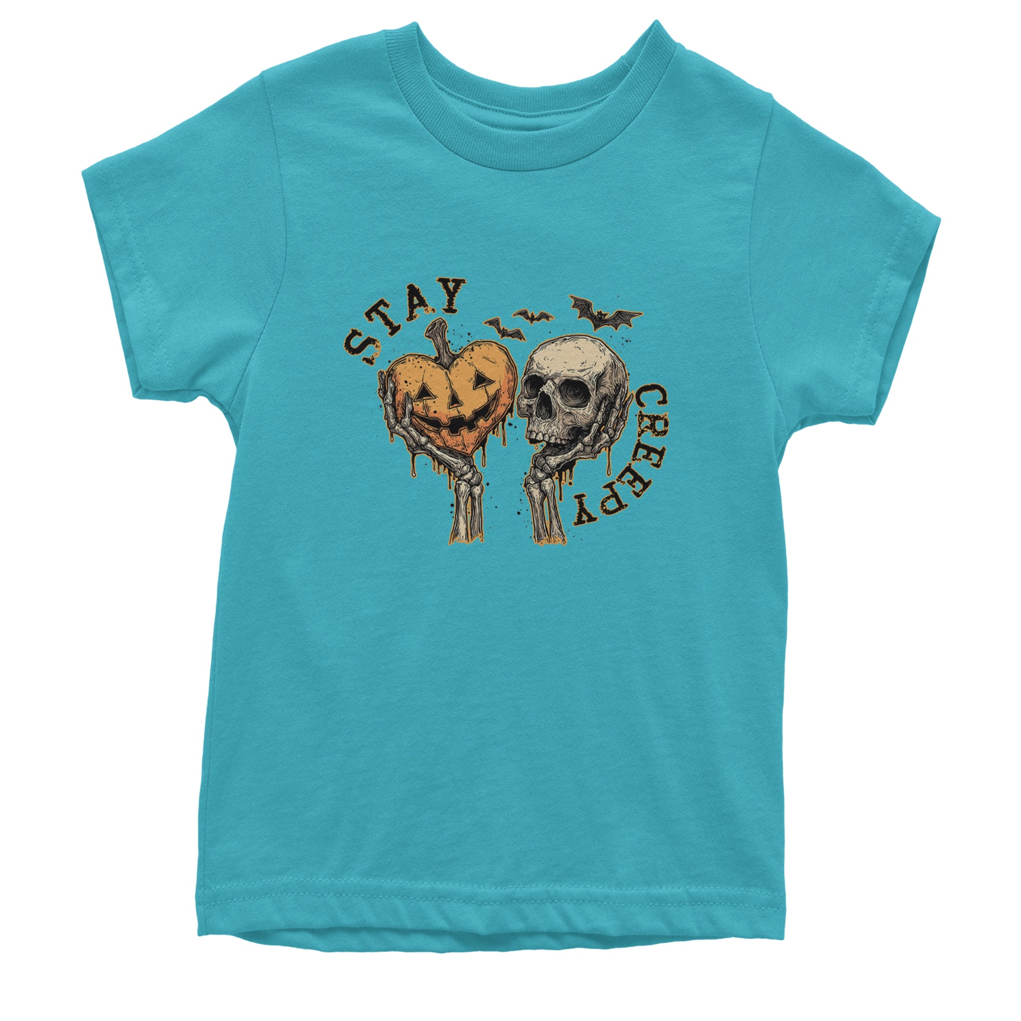 Stay Creepy Skull and Pumpkin Halloween Youth T-shirt Teal