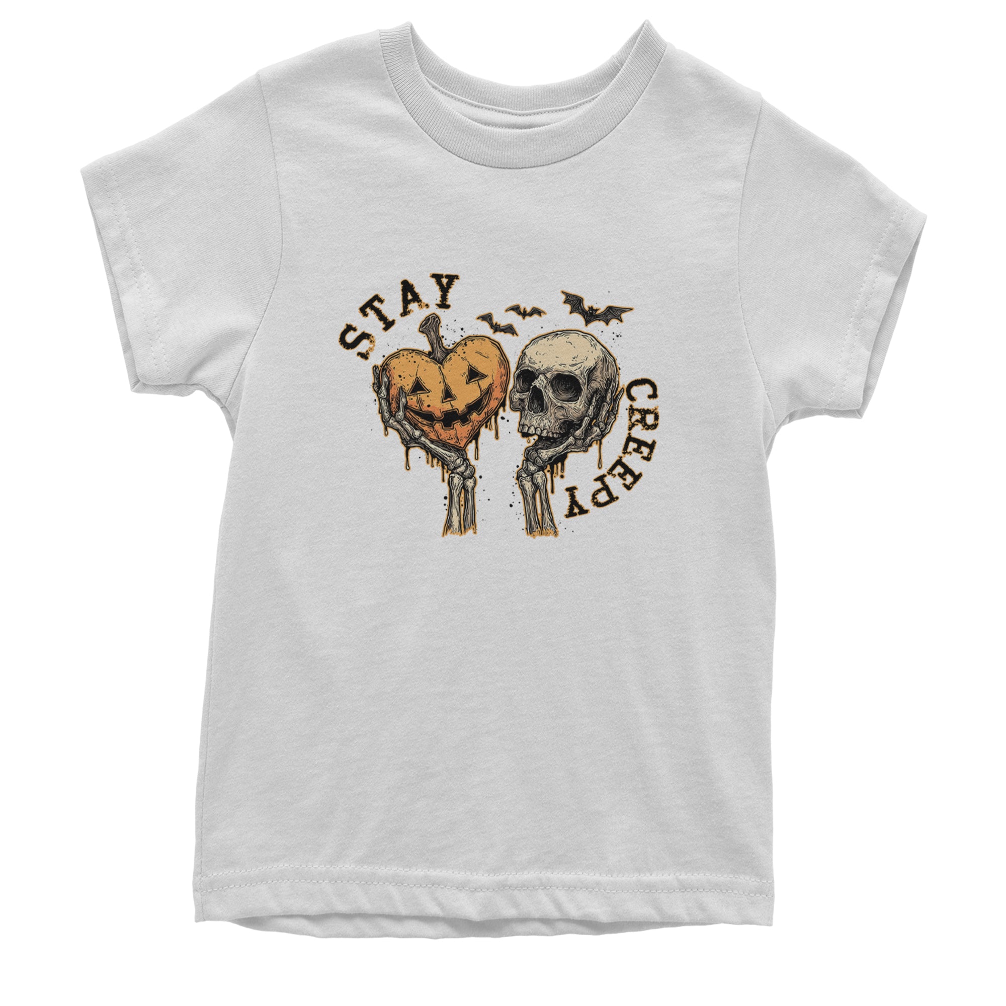 Stay Creepy Skull and Pumpkin Halloween Youth T-shirt White