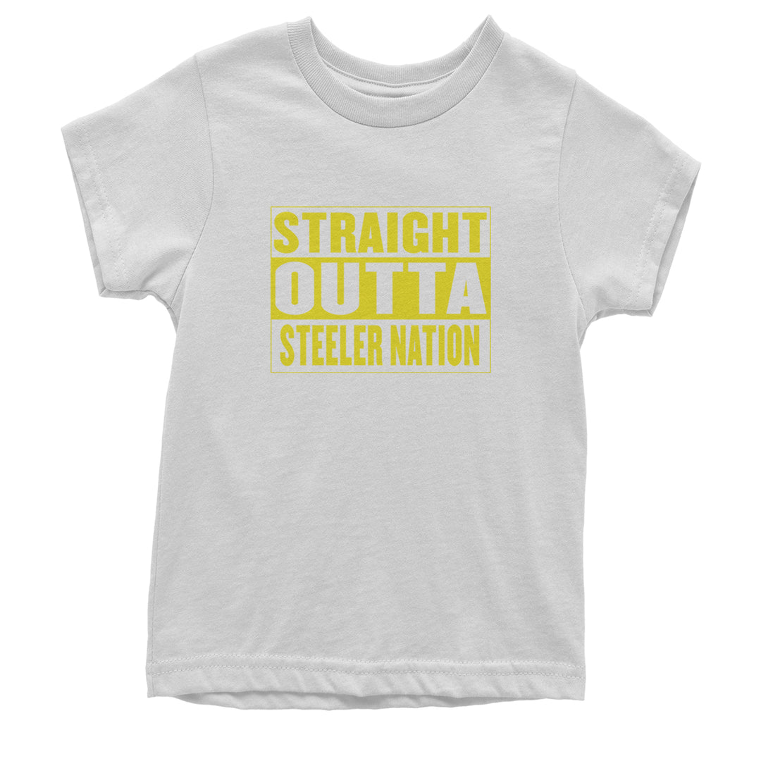 Straight Outta Steeler Nation Football graphic on Kids' Heavyweight Cotton T-Shirt in White