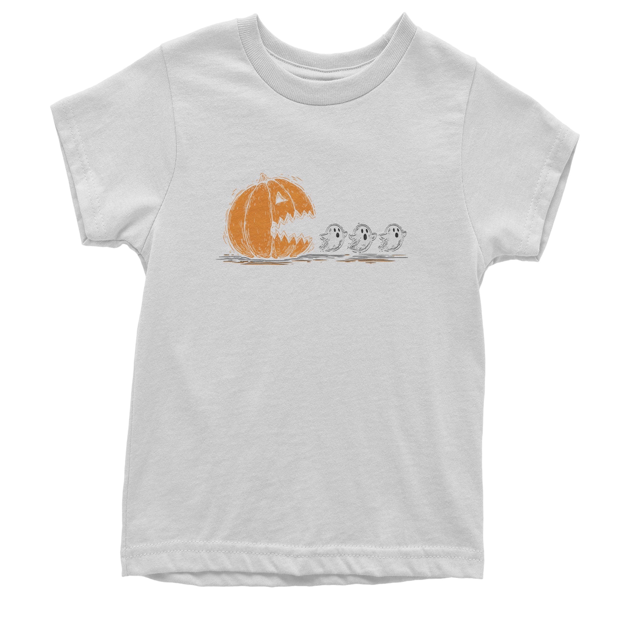 Pumpkin Pacman Chasing Ghosts Halloween Youth T-shirt White