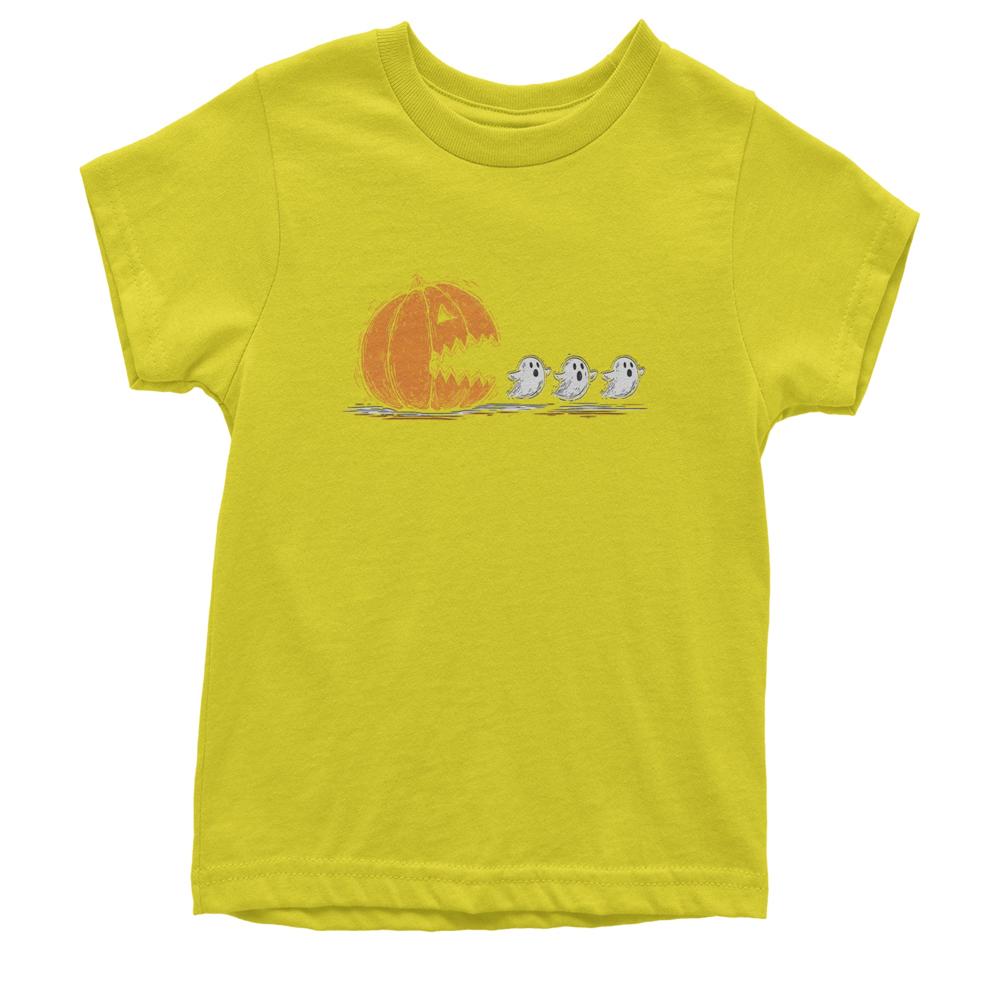 Pumpkin Pacman Chasing Ghosts Halloween Youth T-shirt Yellow