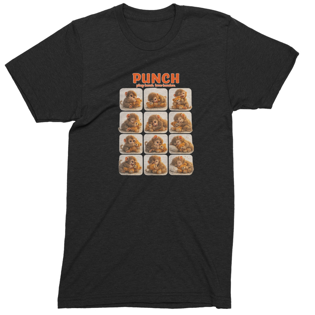 Mood-grid baby monkey with plush buddy and "PUNCH" text on a Men's Heavyweight Cotton T-Shirt