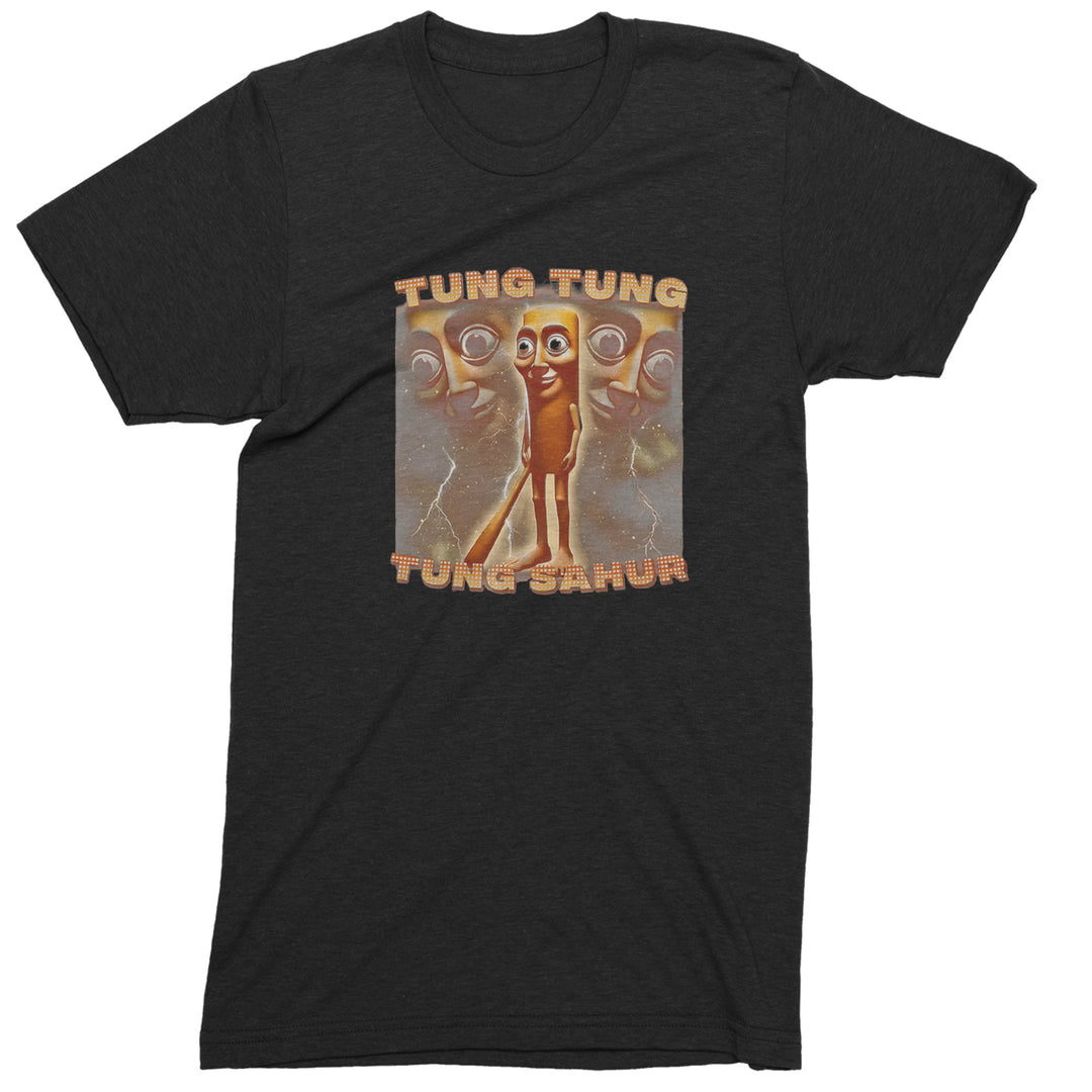 Tung Tung Tung Sahur Enforcer artwork with chant-style text and a spooky-funny enforcer character on a Men's Heavyweight Cotton T-Shirt