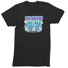Men's Heavyweight Cotton T-Shirt with kawaii 6 and 7 characters under "SIX SEVEN" with clouds, hearts, and sparkles
