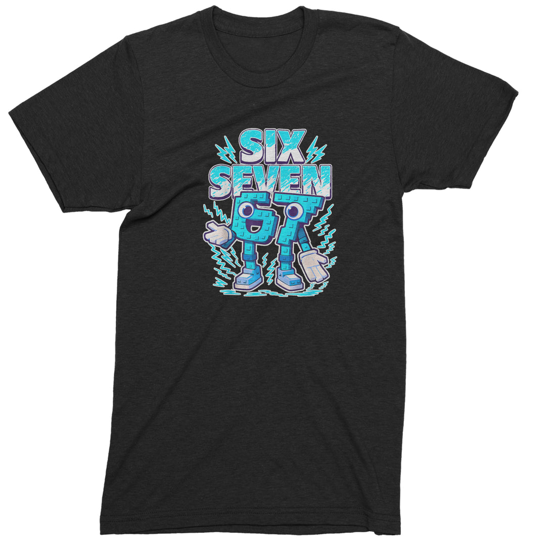 Men's Heavyweight Cotton T-Shirt with bold "SIX SEVEN" animated-number character graphic