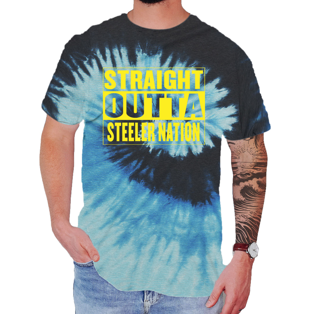 Straight Outta Steeler Nation Football  Mens T-shirt Tie-Dye Blue Ocean