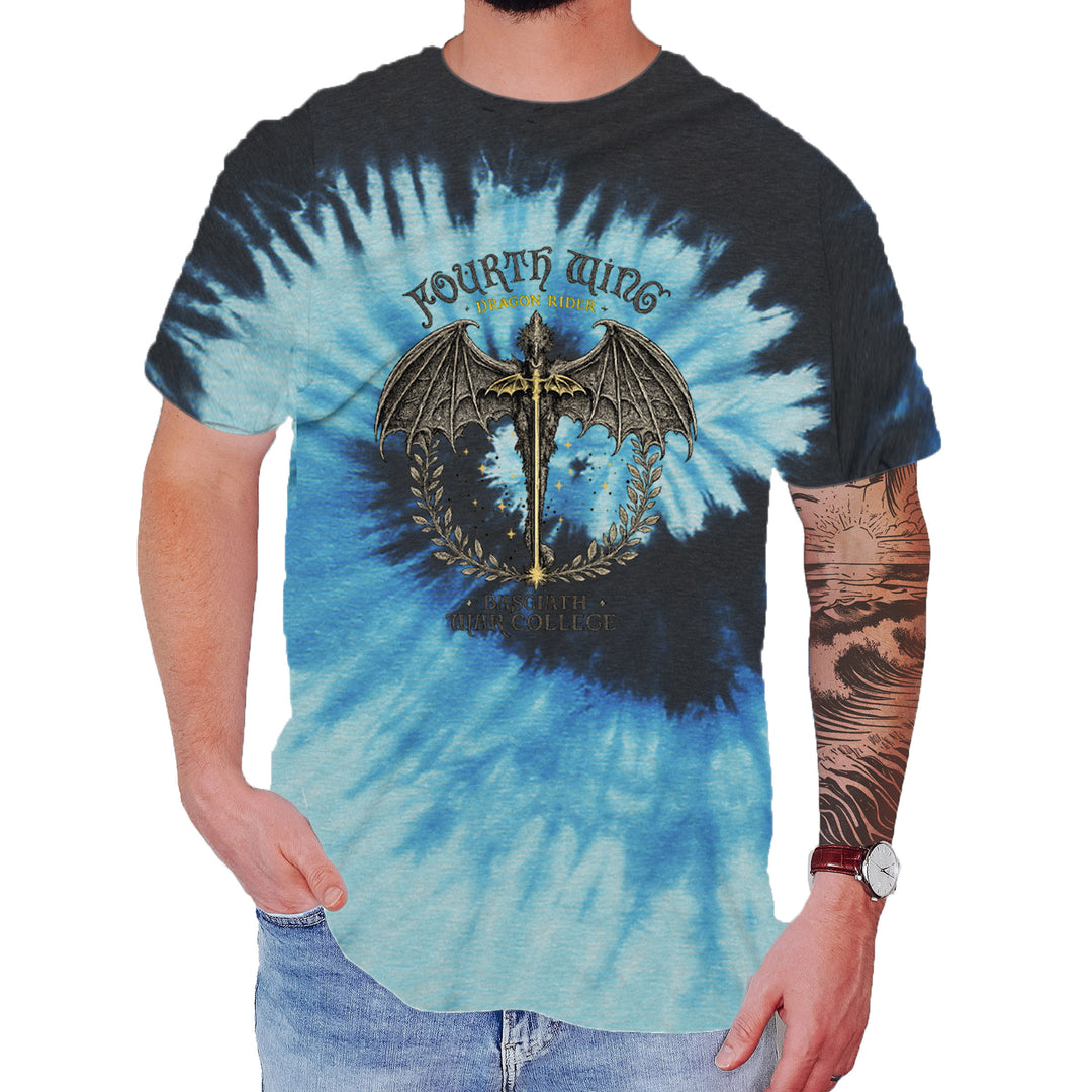 Fourth Wing Dragon Rider Vintage Basgiath War College Mens T-shirt Tie-Dye Blue Ocean