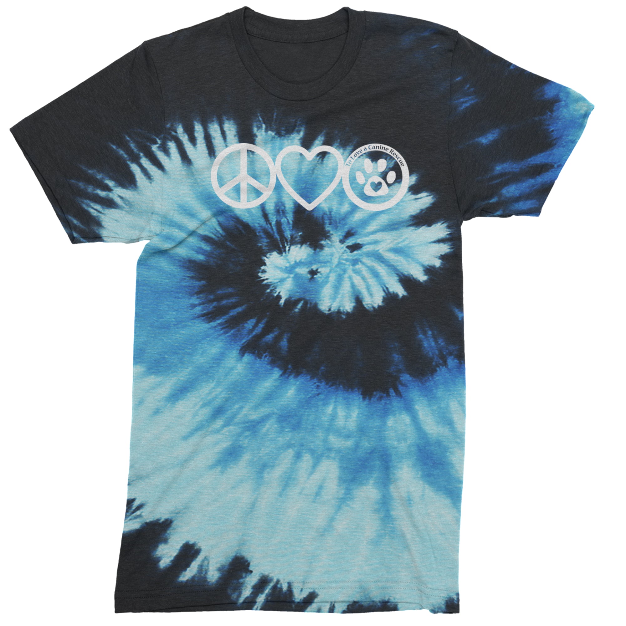 Peace, Love and TLC Dog Rescue Mens T-shirt Tie-Dye Blue Ocean