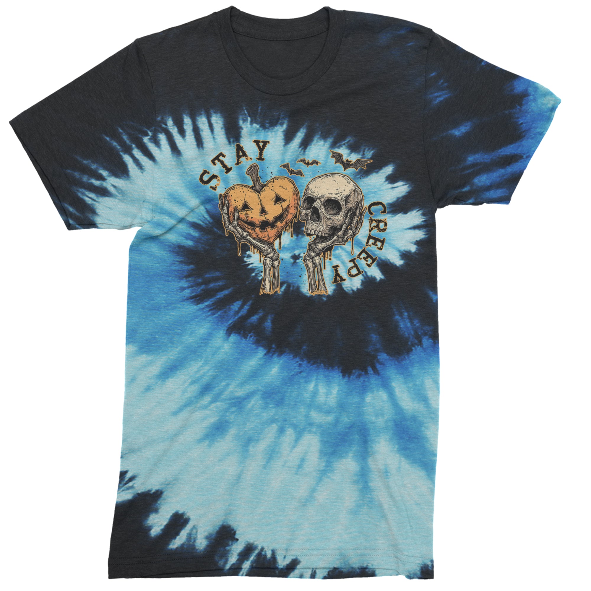 Stay Creepy Skull and Pumpkin Halloween Mens T-shirt Tie-Dye Blue Ocean